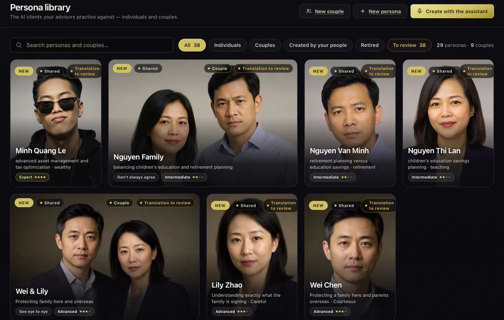 La biblioteca de personas de Arena, con los clientes ante los que practican sus asesores.